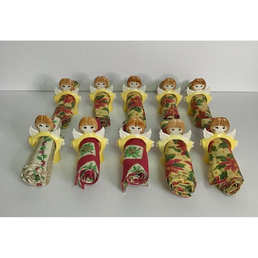 Vintage‎ Christmas Angel Ceramic Napkin Rings & Cloth Napkin 10 Kitschy Holiday
